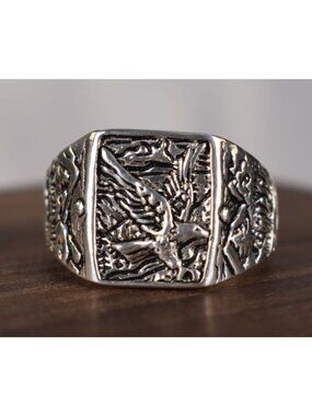 Vintage Sterling Silver 925 Soaring Eagle Mountain Landscape Statement Ring